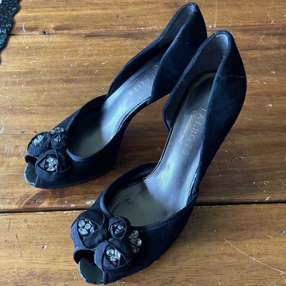 TALBOTS black Suede D'orsay Peeptoe rhinestone ribbon cocktail platform Heels 6 - Picture 2 of 8